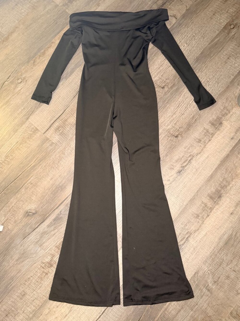 Black Off Shoulder Jumpsuit Flare Leg Bodycon Stretch Long Sleeve Party S